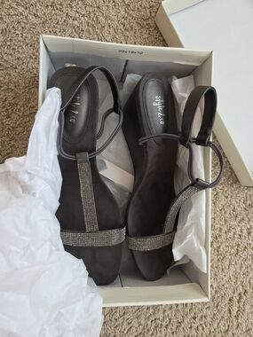 Style & Co. Dark Brown T-Strap Wedge Sandals with Rhinestone Straps
